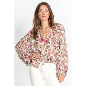 Johnny Wash Isla Floral Button Down Blouse Womens Sz XL Peasant Rose Rayon Boho